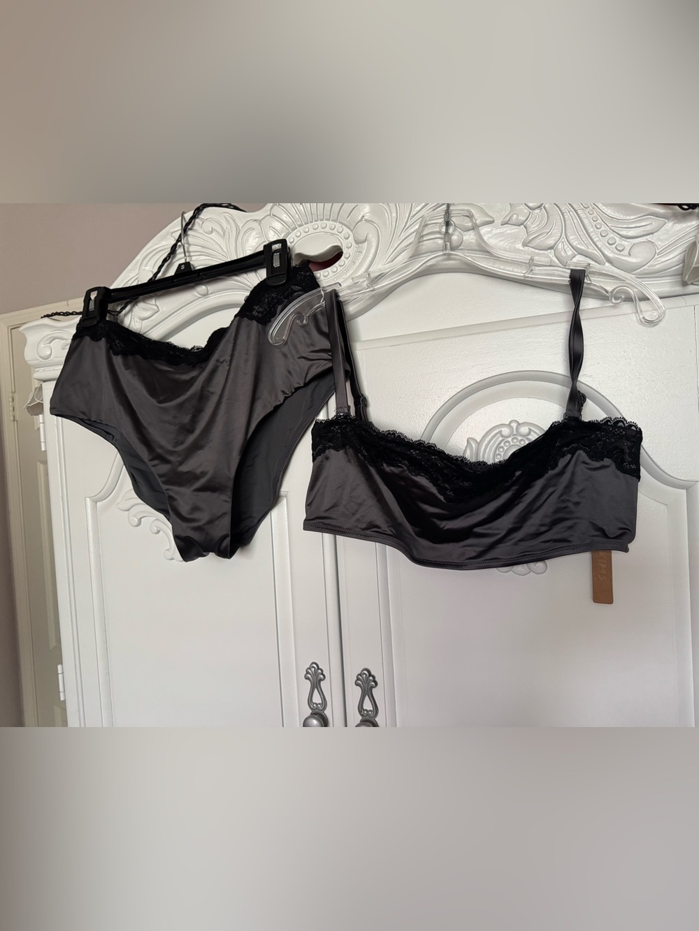 SKIMS Black Satin Lace-Trim Bralette & High-Rise Brief